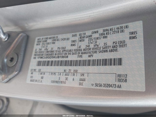 Aukcja sprzedaży 2019 Ford Escape Se, vin: 1FMCU0GD5KUB19938, numer aukcji: 46122392