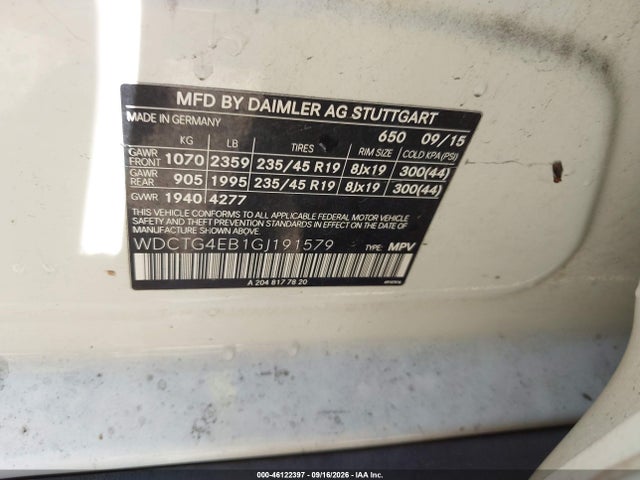 Aukcja sprzedaży 2016 Mercedes-benz Gla 250, vin: WDCTG4EB1GJ191579, numer aukcji: 46122397