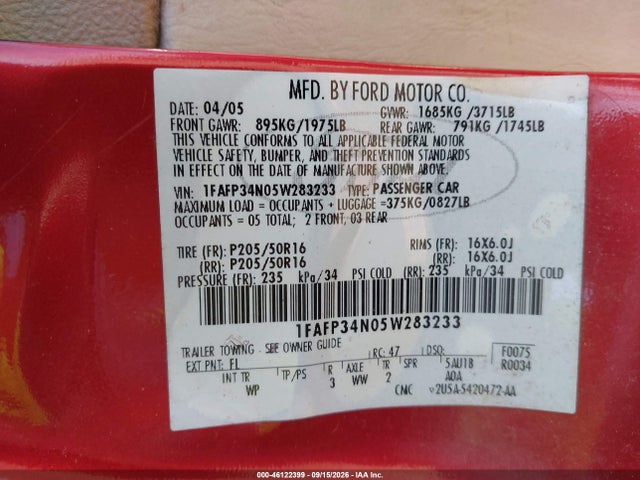 Продаж на аукціоні авто 2005 Ford Focus Zx4, vin: 1FAFP34N05W283233, номер лоту: 46122399