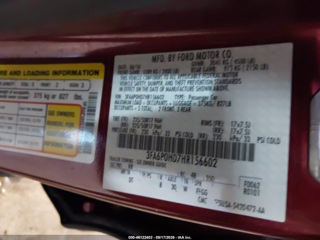 Aukcja sprzedaży 2017 Ford Fusion Se, vin: 3FA6P0HD7HR156602, numer aukcji: 46122402