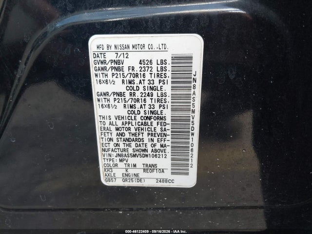2013 Nissan Rogue S მანქანა იყიდება აუქციონზე, vin: JN8AS5MV5DW106212, აუქციონის ნომერი: 46122409