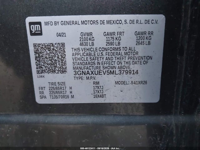 2021 Chevrolet Equinox Awd Lt მანქანა იყიდება აუქციონზე, vin: 3GNAXUEV5ML379914, აუქციონის ნომერი: 46122411