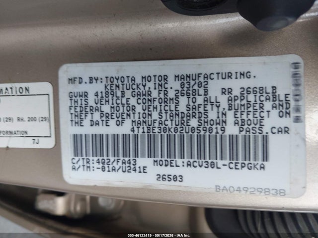Продажа на аукционе авто 2002 Toyota Camry Xle, vin: 4T1BE30K02U059019, номер лота: 46122419