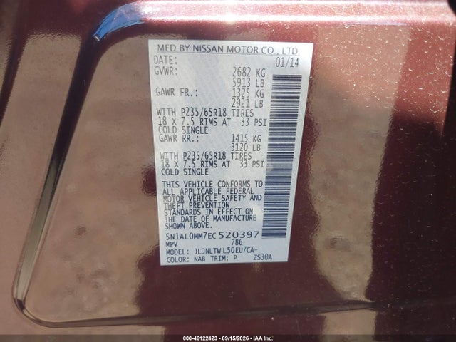 2014 Infiniti Qx60 მანქანა იყიდება აუქციონზე, vin: 5N1AL0MM7EC520397, აუქციონის ნომერი: 46122423
