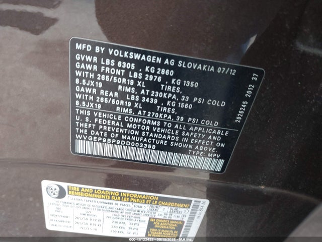 Продажа на аукционе авто 2013 Volkswagen Touareg Tdi Lux, vin: WVGEP9BP9DD003358, номер лота: 46122432