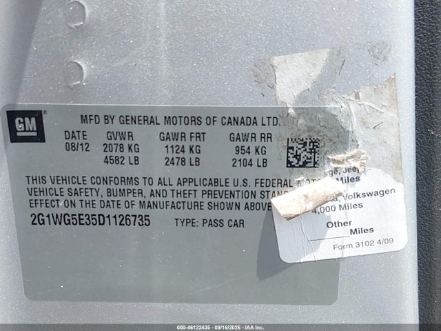 Aukcja sprzedaży 2013 Chevrolet Impala Lt, vin: 2G1WG5E35D1126735, numer aukcji: 46122435