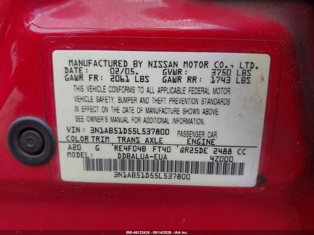 2005 Nissan Sentra Se-r მანქანა იყიდება აუქციონზე, vin: 3N1AB51D55L537800, აუქციონის ნომერი: 46122438