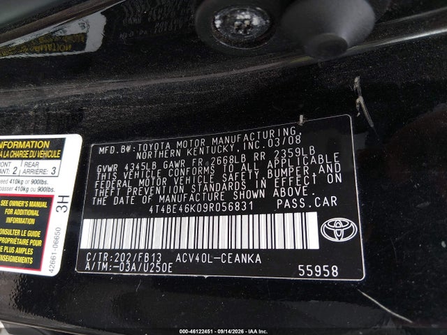 46122451 :رقم المزاد ، 4T4BE46K09R056831 vin ، 2009 Toyota Camry Le مزاد بيع