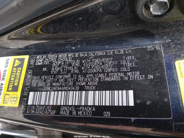 2010 Toyota Tacoma Base V6 მანქანა იყიდება აუქციონზე, vin: 3TMLU4EN4AM049438, აუქციონის ნომერი: 46122455