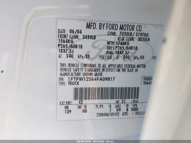 Продаж на аукціоні авто 2004 Ford F-150 Lariat/xlt, vin: 1FTPW12564FA09817, номер лоту: 46122464