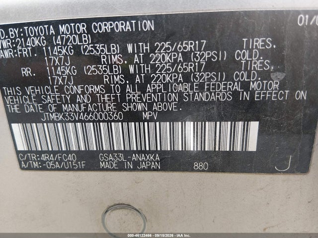 2006 Toyota Rav4 Base V6 მანქანა იყიდება აუქციონზე, vin: JTMBK33V466000360, აუქციონის ნომერი: 46122466