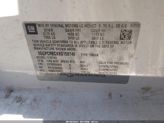 46122474 :رقم المزاد ، 3GCPCRECXEG158748 vin ، 2014 Chevrolet Silverado 1500 1lt مزاد بيع