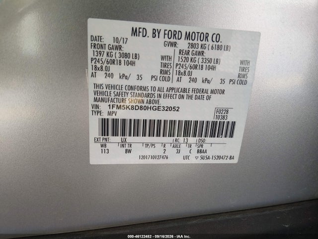 46122482 :رقم المزاد ، 1FM5K8D80HGE32052 vin ، 2017 Ford Explorer Xlt مزاد بيع