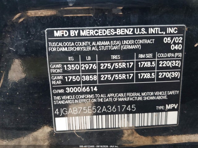 Продажа на аукционе авто 2002 Mercedes-benz Ml 500, vin: 4JGAB75E52A361745, номер лота: 46122485