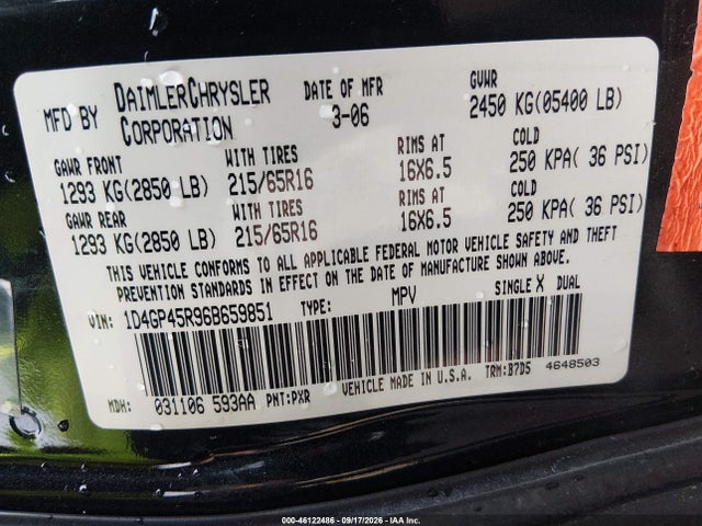 Продаж на аукціоні авто 2006 Dodge Caravan Sxt, vin: 1D4GP45R96B659851, номер лоту: 46122486