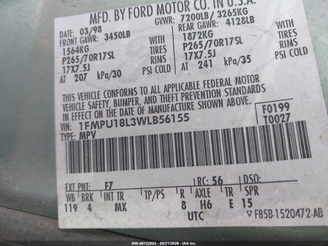Продажа на аукционе авто 1998 Ford Expedition Eddie Bauer/xlt, vin: 1FMPU18L3WLB56155, номер лота: 46122503