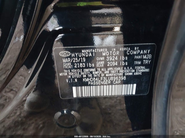 2020 Hyundai Elantra Value Edition მანქანა იყიდება აუქციონზე, vin: KMHD84LF3LU896398, აუქციონის ნომერი: 46122509