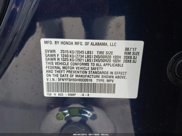 Honda Pilot Touring 2017 5FNYF5H93HB030916 Image 9