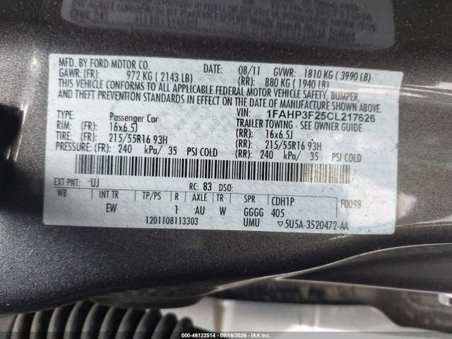 Продаж на аукціоні авто 2012 Ford Focus Se, vin: 1FAHP3F25CL217626, номер лоту: 46122514