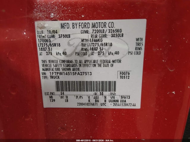 46122515 :رقم المزاد ، 1FTPW14515FA27513 vin ، 2005 Ford F-150 Fx4/lariat/xlt مزاد بيع