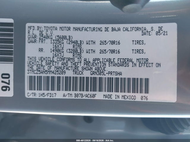 3TMCZ5AN5MM425209 Toyota Tacoma Trd Off-road
