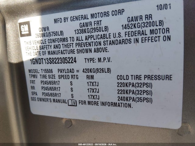 2002 Chevrolet Trailblazer Ltz მანქანა იყიდება აუქციონზე, vin: 1GNDT13S822305224, აუქციონის ნომერი: 46122522