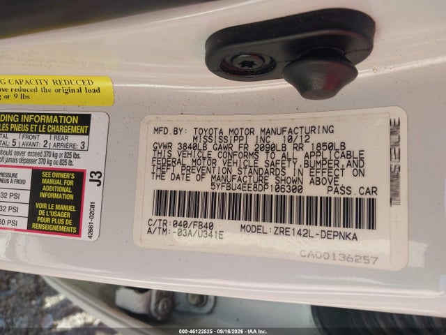 2013 Toyota Corolla Le მანქანა იყიდება აუქციონზე, vin: 5YFBU4EE8DP106300, აუქციონის ნომერი: 46122525