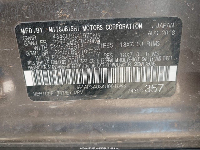 2019 Mitsubishi Outlander Sport 2.0 Es მანქანა იყიდება აუქციონზე, vin: JA4AP3AU3KU001863, აუქციონის ნომერი: 46122532