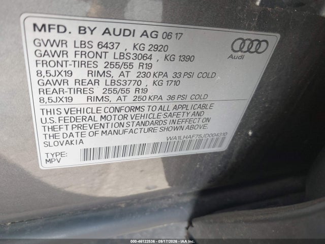 Продаж на аукціоні авто 2018 Audi Q7 2.0t Premium, vin: WA1LHAF75JD004310, номер лоту: 46122536