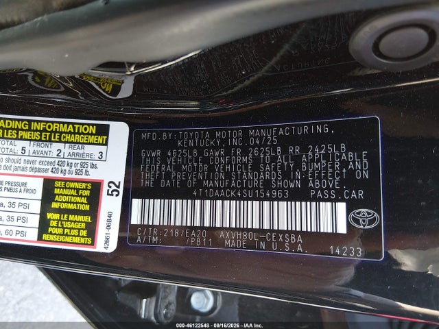 Aukcja sprzedaży 2025 Toyota Camry Se, vin: 4T1DAACK4SU154963, numer aukcji: 46122548