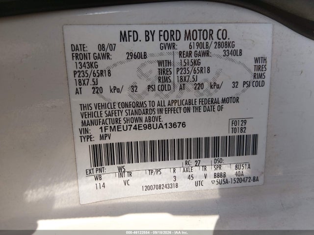 2008 Ford Explorer Eddie Bauer მანქანა იყიდება აუქციონზე, vin: 1FMEU74E98UA13676, აუქციონის ნომერი: 46122554
