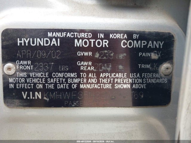 46122556 :رقم المزاد ، KMHWF35H32A662169 vin ، 2002 Hyundai Sonata Gls/lx مزاد بيع