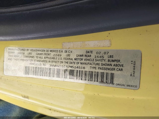 46122563 :رقم المزاد ، 3VWRW31C47M514518 vin ، 2007 Volkswagen New Beetle 2.5 مزاد بيع