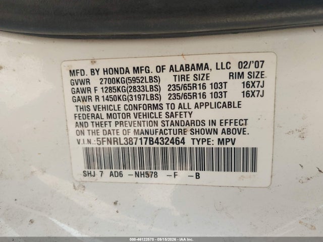 Продаж на аукціоні авто 2007 Honda Odyssey Ex-l, vin: 5FNRL38717B432464, номер лоту: 46122570