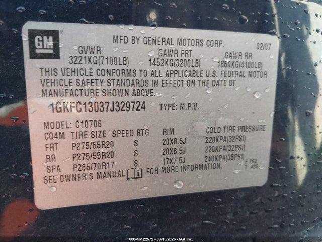 46122572 :رقم المزاد ، 1GKFC13037J329724 vin ، 2007 Gmc Yukon Slt مزاد بيع