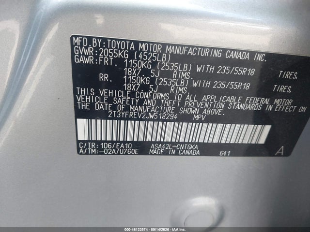 2018 Toyota Rav4 Limited/platinum მანქანა იყიდება აუქციონზე, vin: 2T3YFREV2JW518294, აუქციონის ნომერი: 46122574