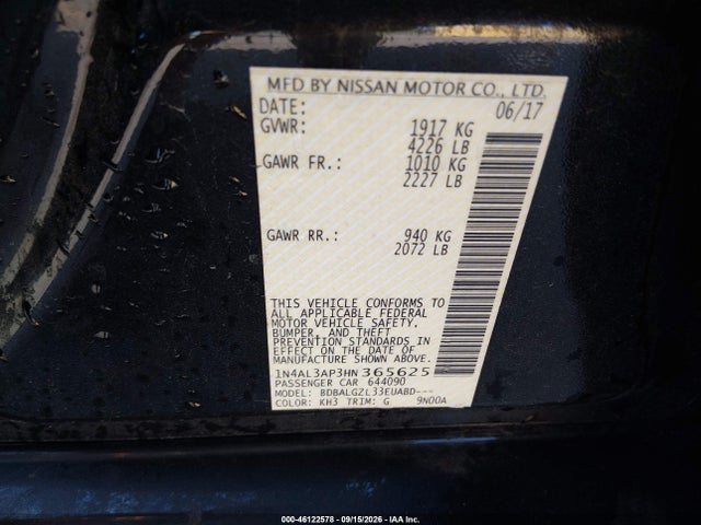 Продажа на аукционе авто 2017 Nissan Altima 2.5 S, vin: 1N4AL3AP3HN365625, номер лота: 46122578
