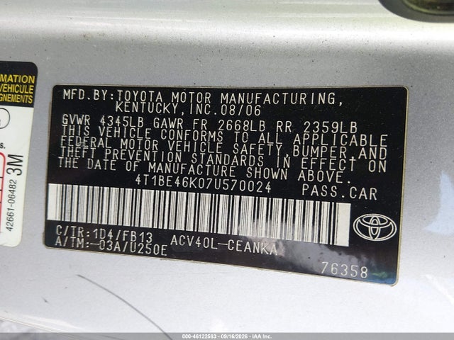 Продажа на аукционе авто 2007 Toyota Camry Le, vin: 4T1BE46K07U570024, номер лота: 46122583