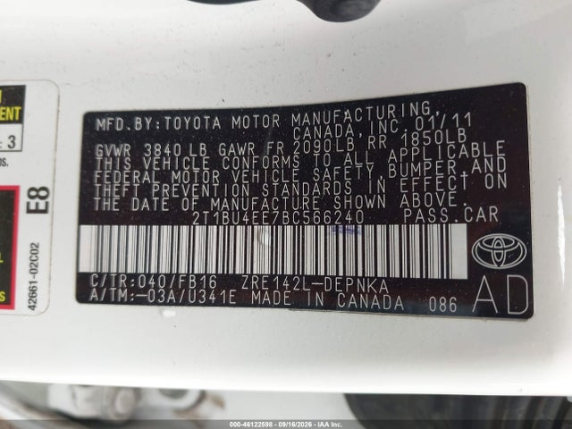 Aukcja sprzedaży 2011 Toyota Corolla Le, vin: 2T1BU4EE7BC566240, numer aukcji: 46122598