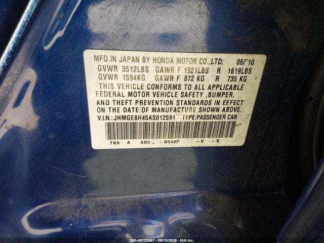 Продаж на аукціоні авто 2010 Honda Fit Sport, vin: JHMGE8H45AS012591, номер лоту: 46122597