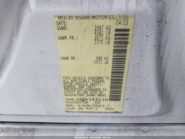Продажа на аукционе авто 2013 Nissan Altima 3.5 S, vin: 1N4BL3AP8DN543110, номер лота: 46122612