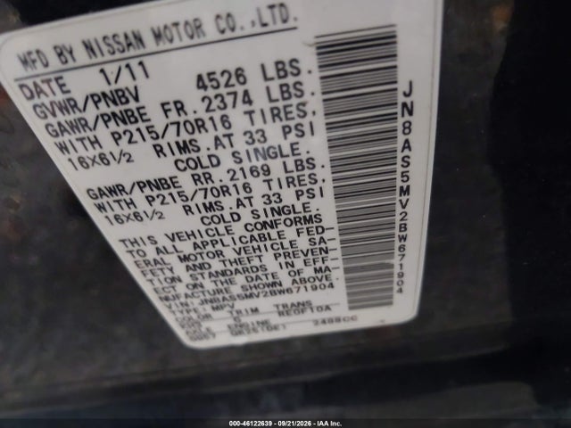 Aukcja sprzedaży 2011 Nissan Rogue S, vin: JN8AS5MV2BW671904, numer aukcji: 46122639