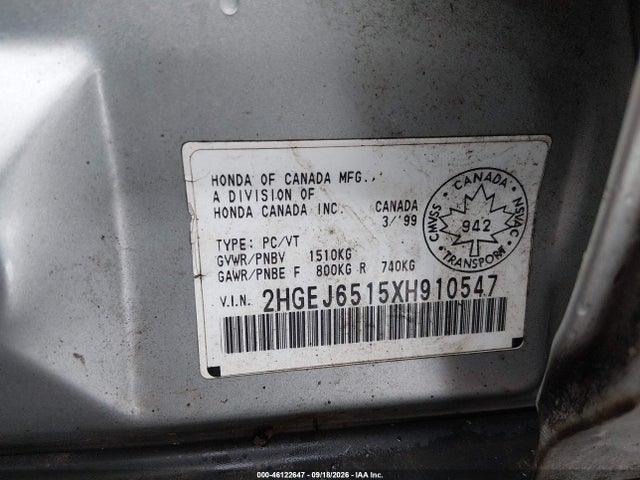 46122647 :رقم المزاد ، 2HGEJ6515XH910547 vin ، 1999 Honda Civic Special Edition مزاد بيع
