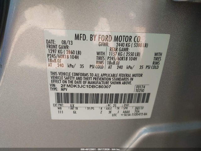 2013 Ford Edge Sel მანქანა იყიდება აუქციონზე, vin: 2FMDK3JC1DBC80307, აუქციონის ნომერი: 46122651