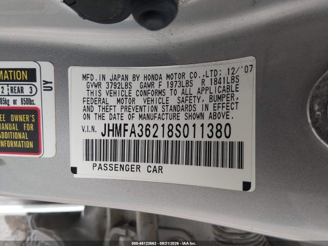 Aukcja sprzedaży 2008 Honda Civic Hybrid, vin: JHMFA36218S011380, numer aukcji: 46122662
