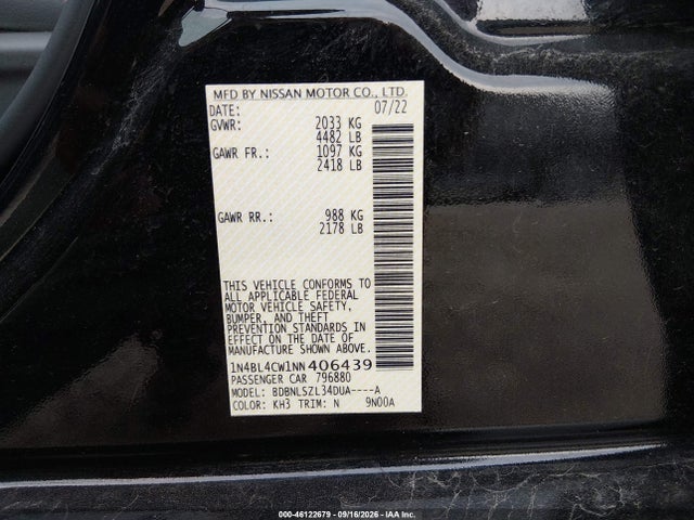 46122679 :رقم المزاد ، 1N4BL4CW1NN406439 vin ، 2022 Nissan Altima Sr Intelligent Awd مزاد بيع