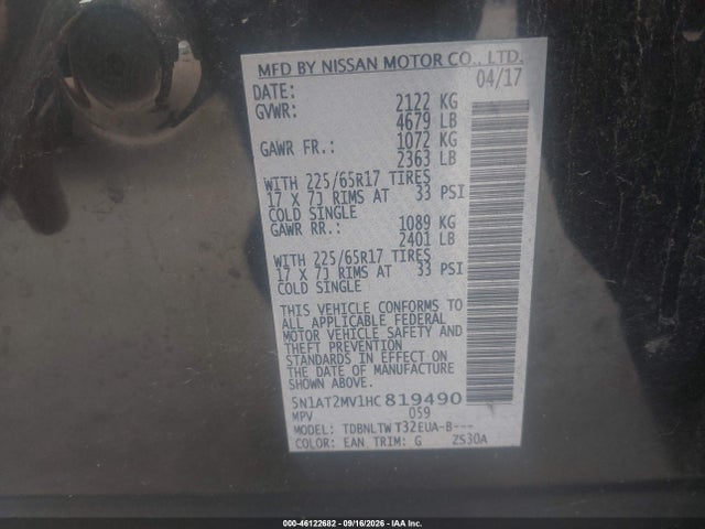 Продаж на аукціоні авто 2017 Nissan Rogue Sv, vin: 5N1AT2MV1HC819490, номер лоту: 46122682