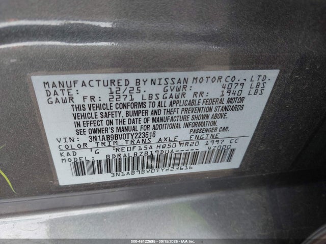Aukcja sprzedaży 2026 Nissan Sentra S, vin: 3N1AB9BV0TY223616, numer aukcji: 46122695