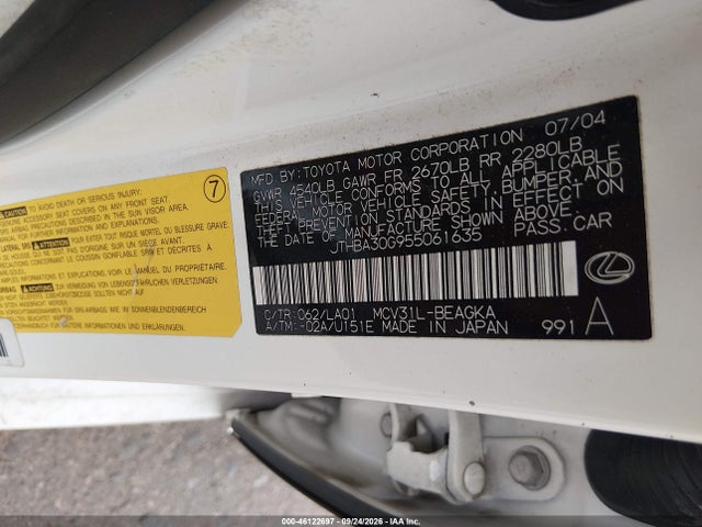 2005 Lexus Es 330 მანქანა იყიდება აუქციონზე, vin: JTHBA30G955061635, აუქციონის ნომერი: 46122697