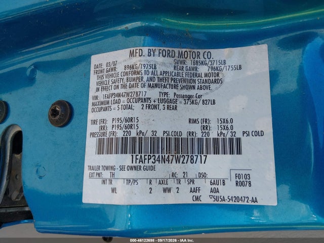 46122698 :رقم المزاد ، 1FAFP34N47W278717 vin ، 2007 Ford Focus S/se/ses مزاد بيع